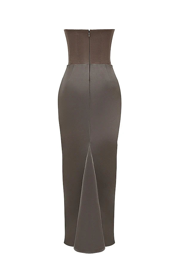 smoke strapless corset maxi dress