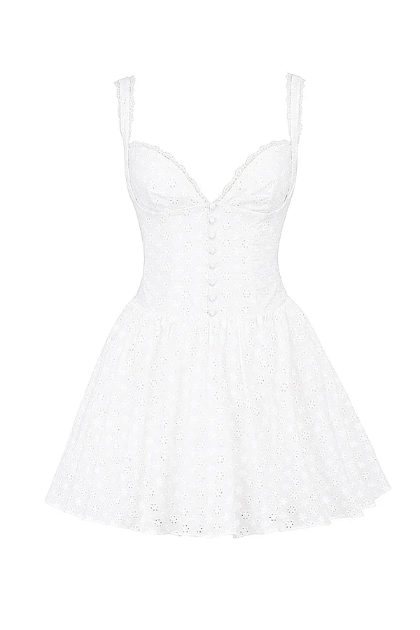 white cotton broderie anglais corset mini dress