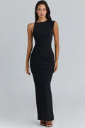 black asymmetric draped maxi dress