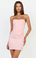 Rachel Mini Dress - Strapless Corset Bodice Draped Skirt Dress in Light Pink