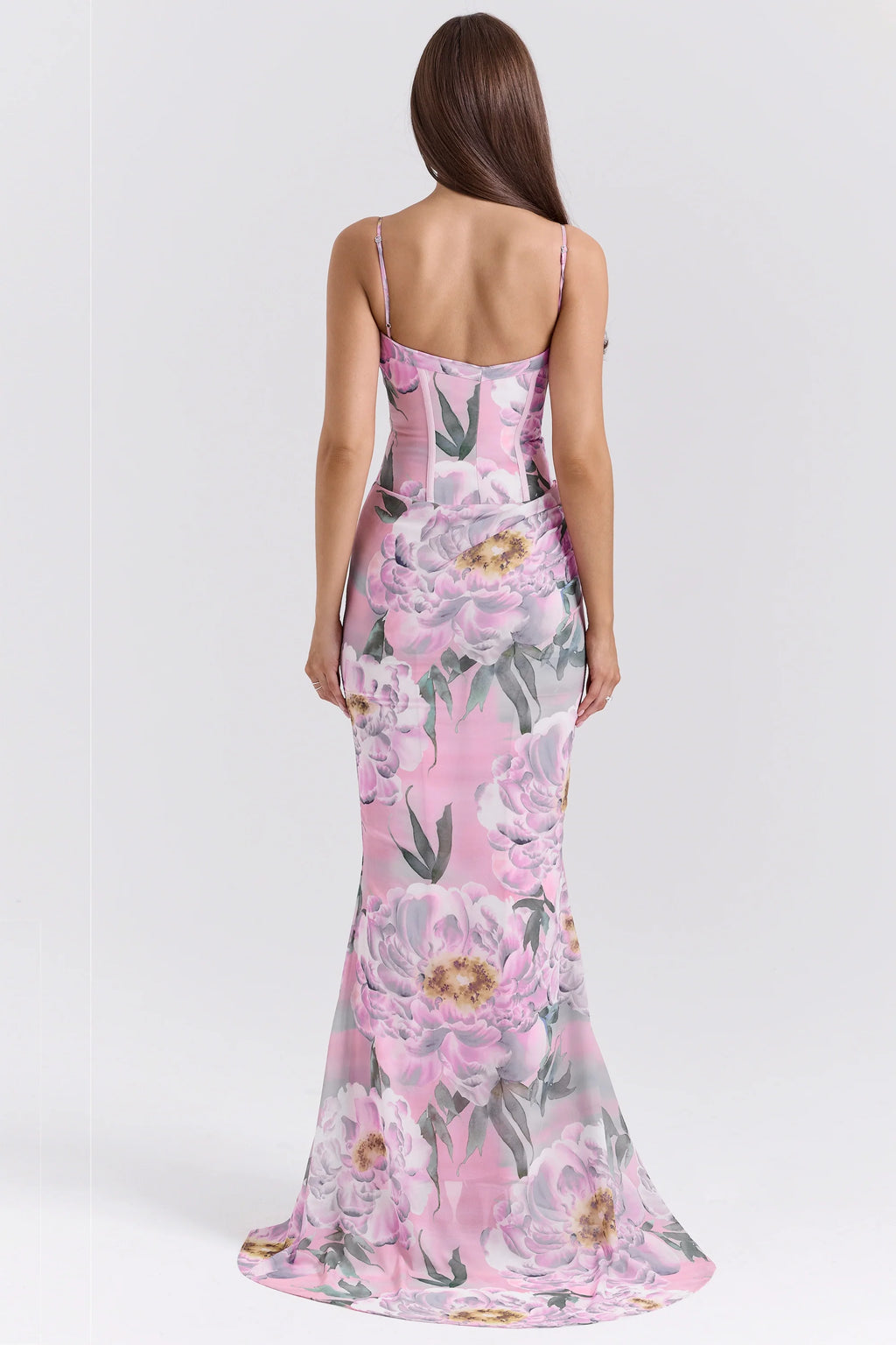 pink floral corset maxi dress