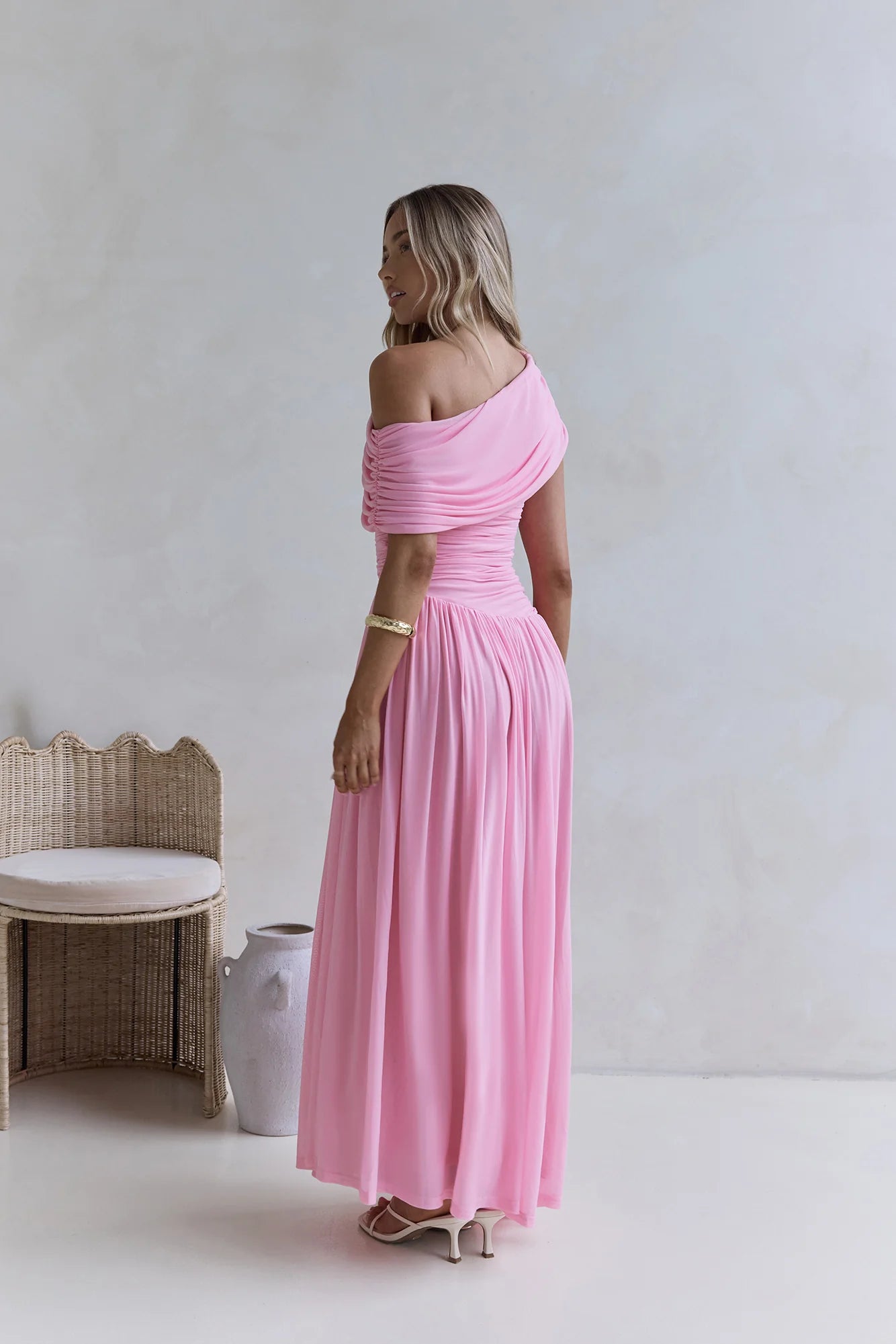 Hidden Flair One Shoulder Mesh Maxi Dress Pink