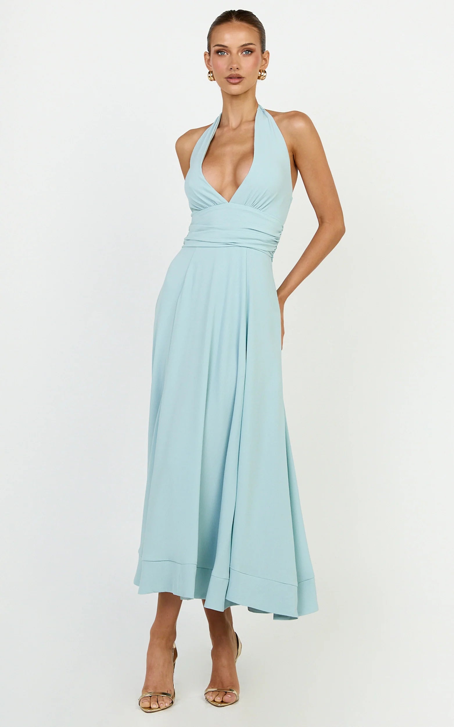 Vivia Maxi Dress - Gathered Waist Halter Dress in Blue