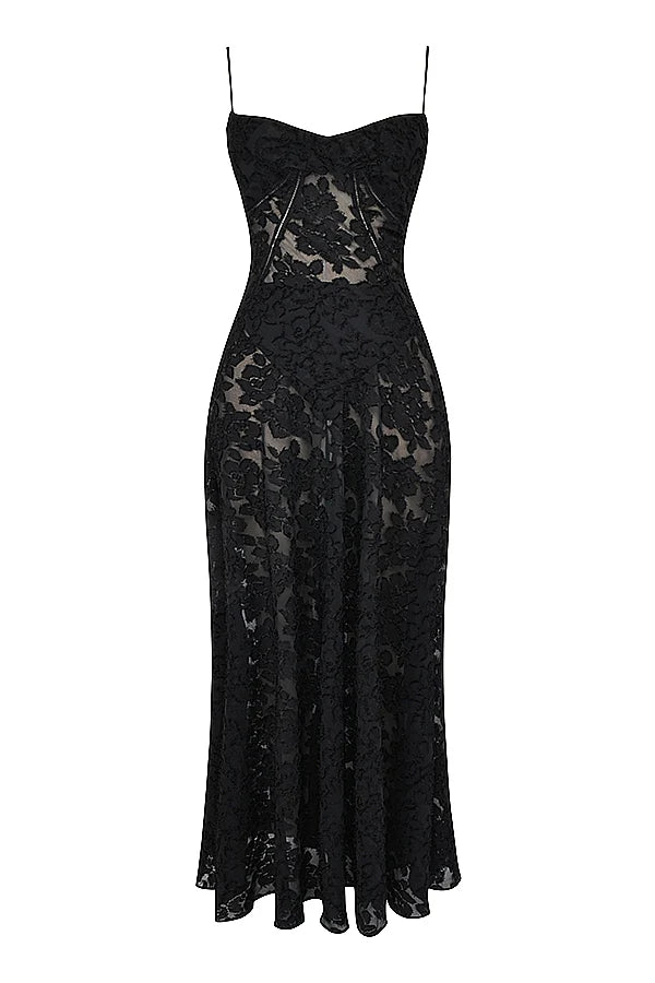black floral lace back maxi dress