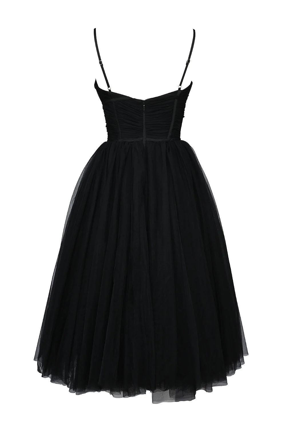 black tulle ruched bodice midi dress - sale