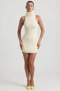 Ribbed-Knit Turtleneck Mini Dress in Butter Yellow