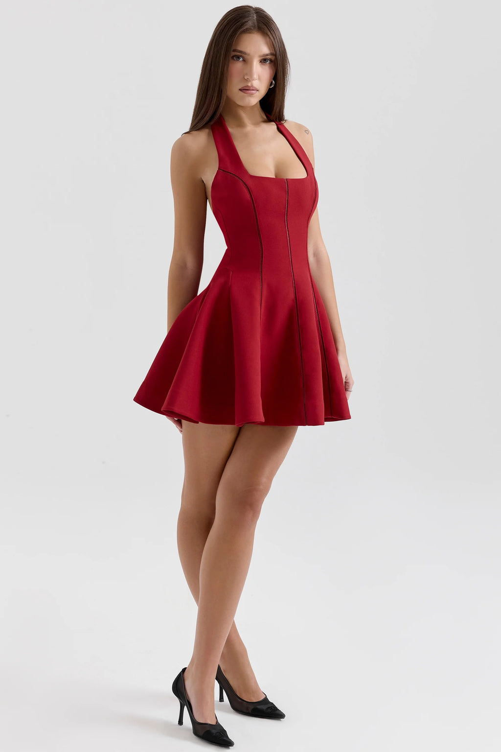 red halter neck bow mini dress