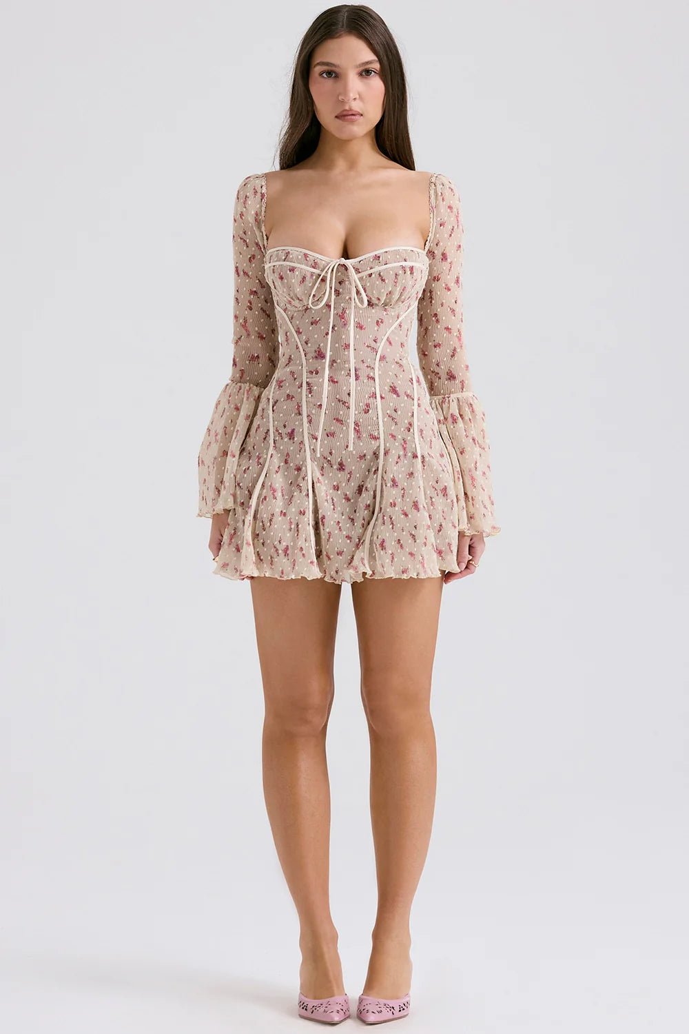 vintage cream rose print corset mini dress