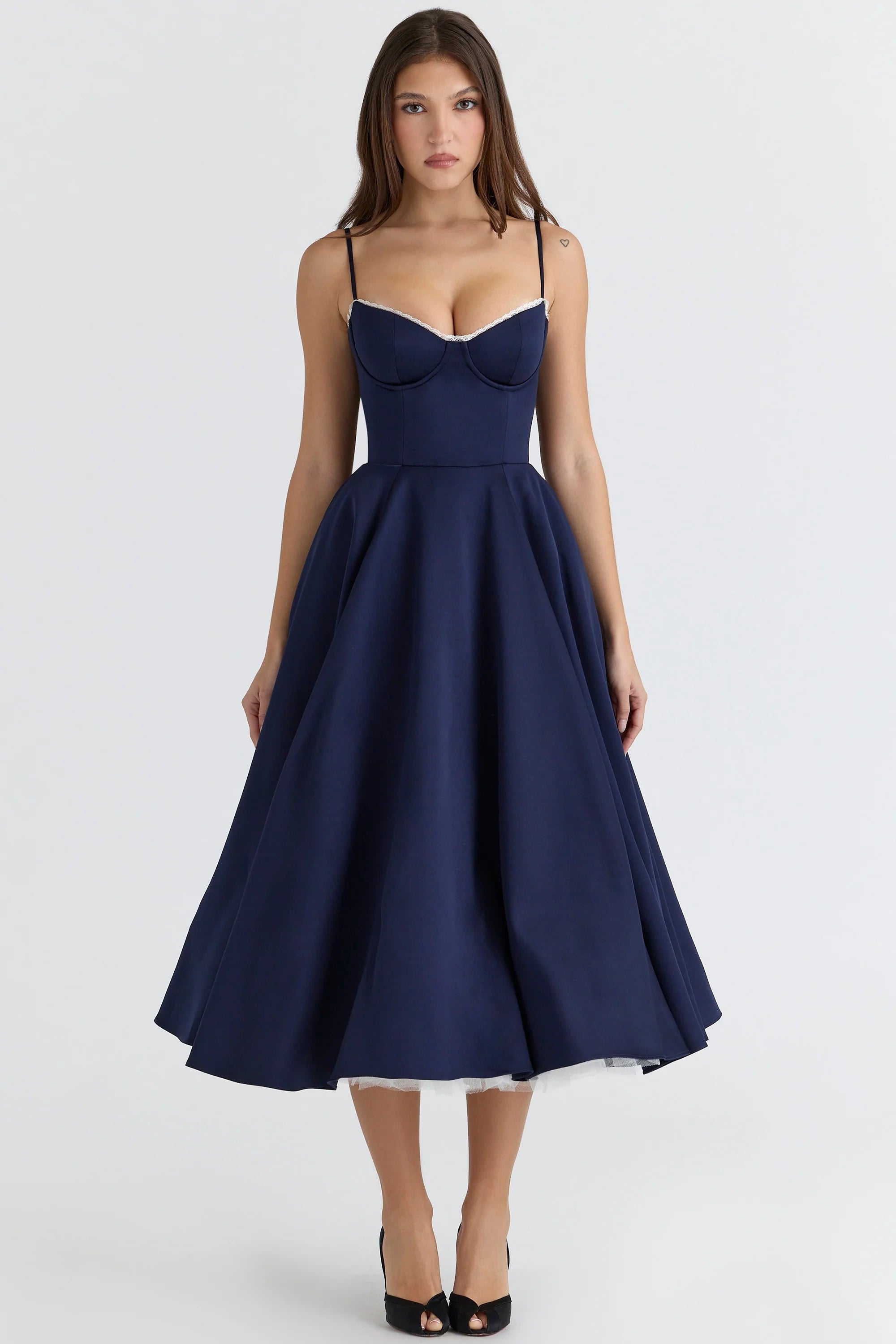 navy satin tulle midi dress