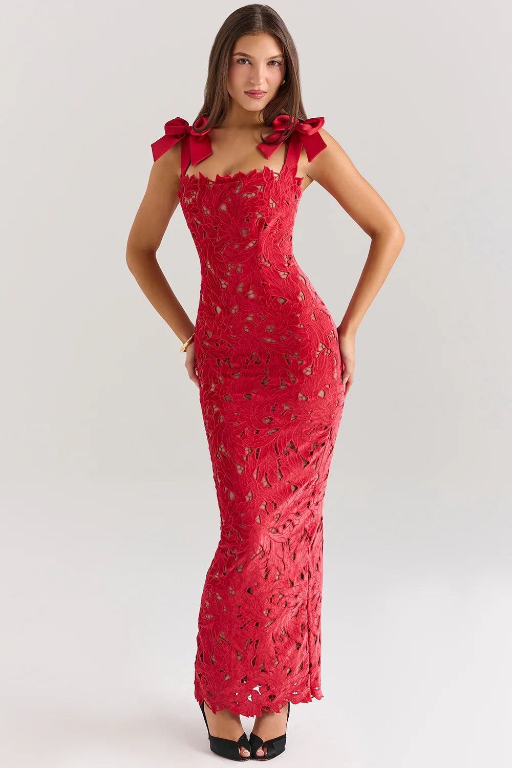 holly red velvet lace maxi dress