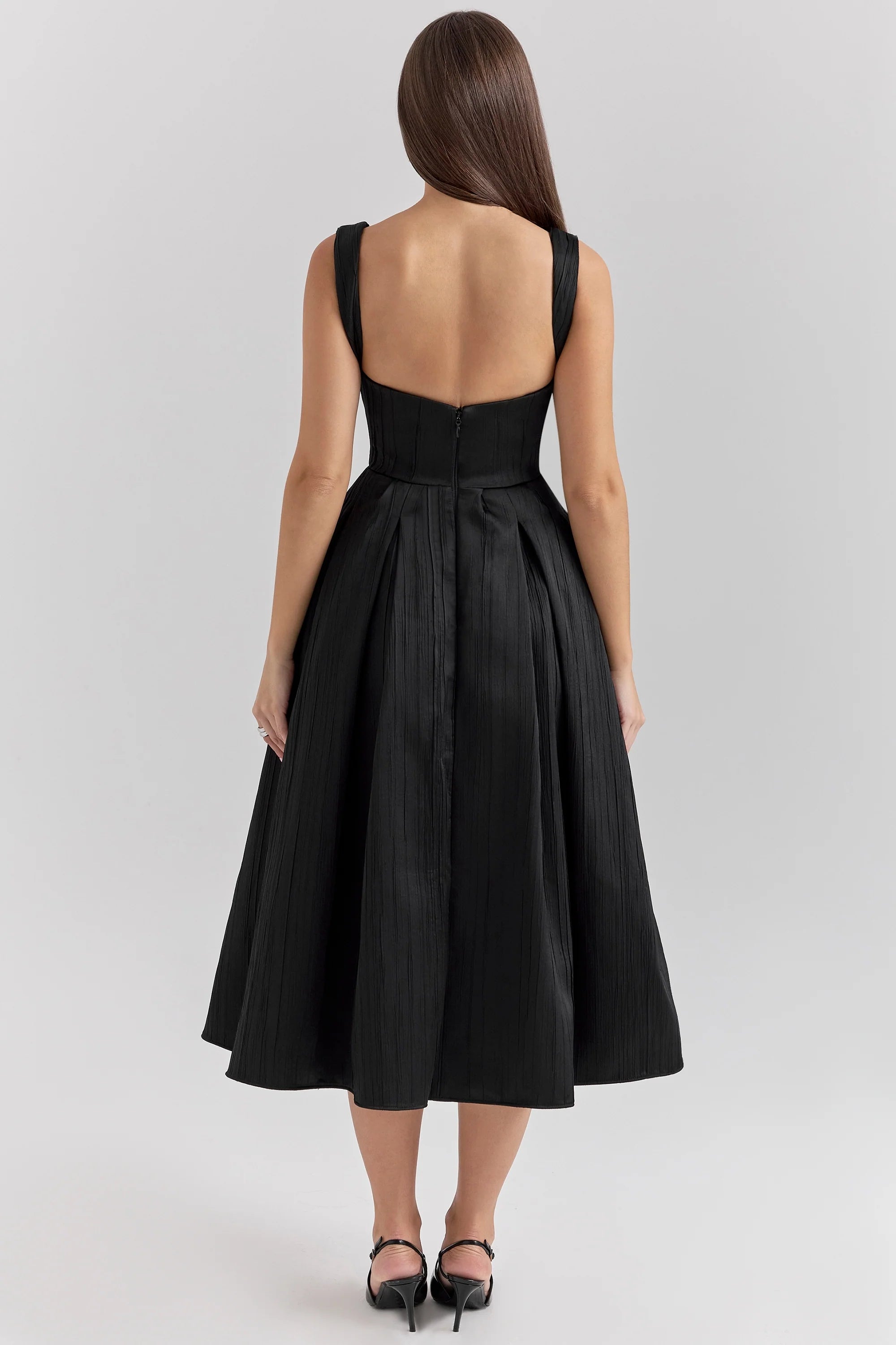 black textured satin corset midi dress
