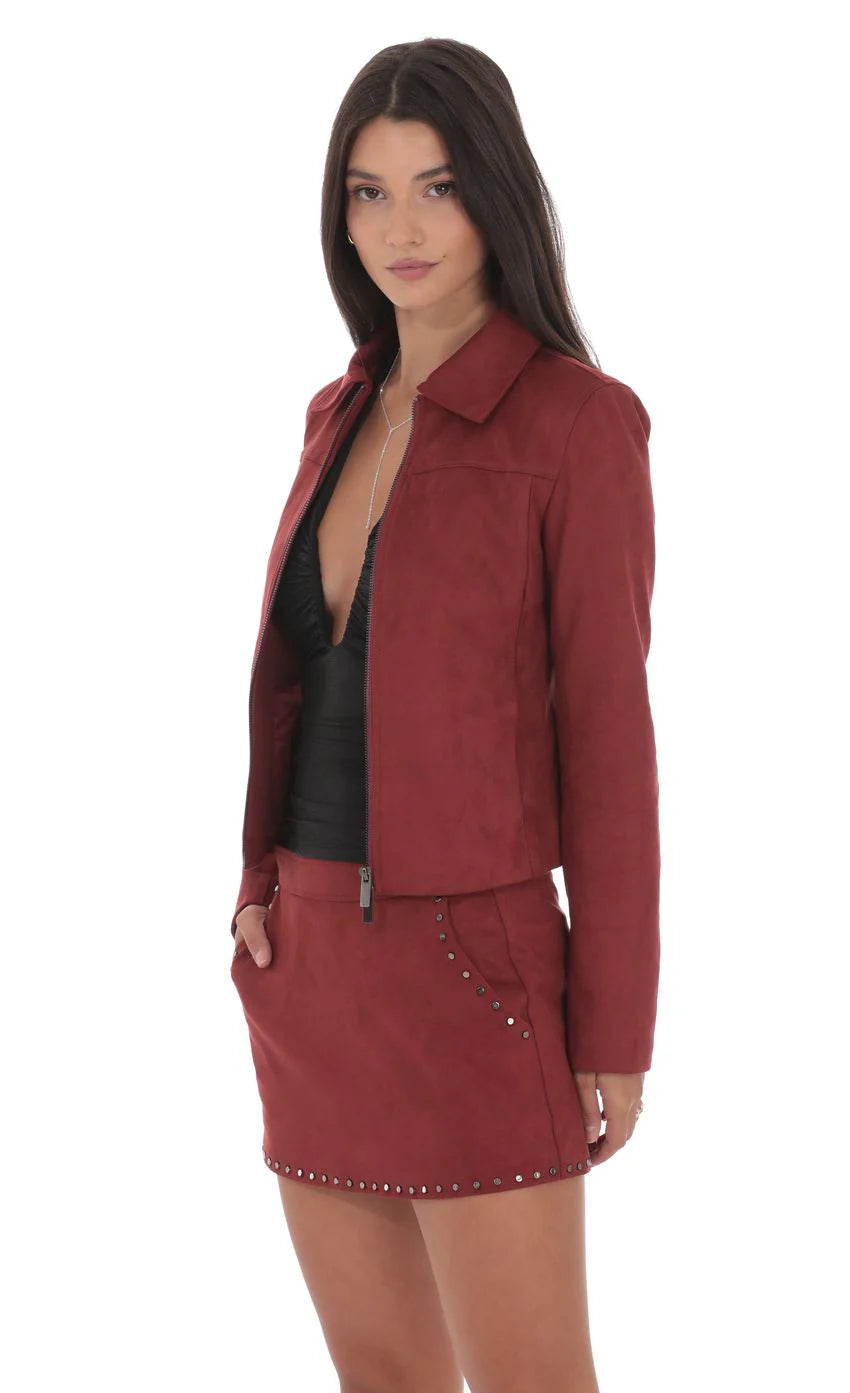 Suede Zip-Up Jacket in Maroon