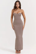 taupe strapless corset maxi dress