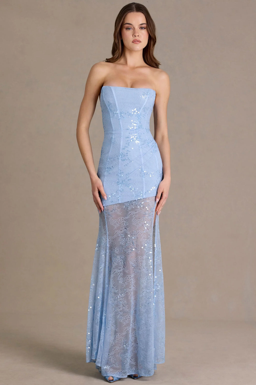 Premium Embellished Lace Corset Gown in Sky Blue