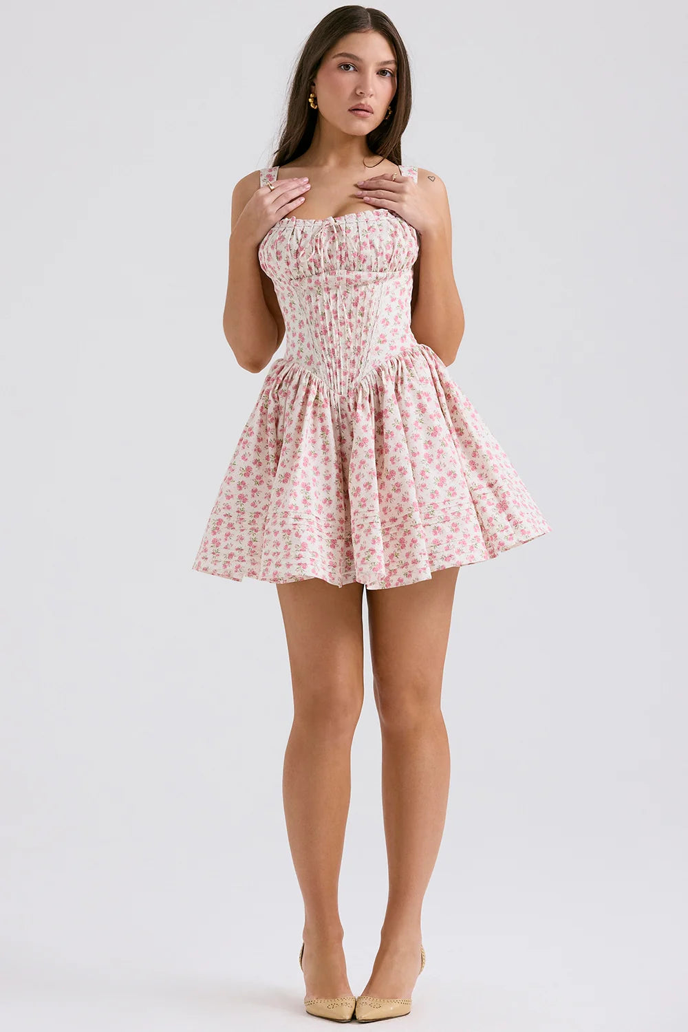 white rosebud print cotton mini dress