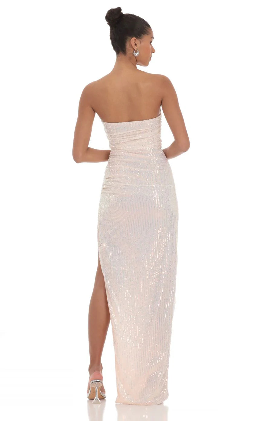 Iridescent Sequin Corset Maxi Dress in Pink