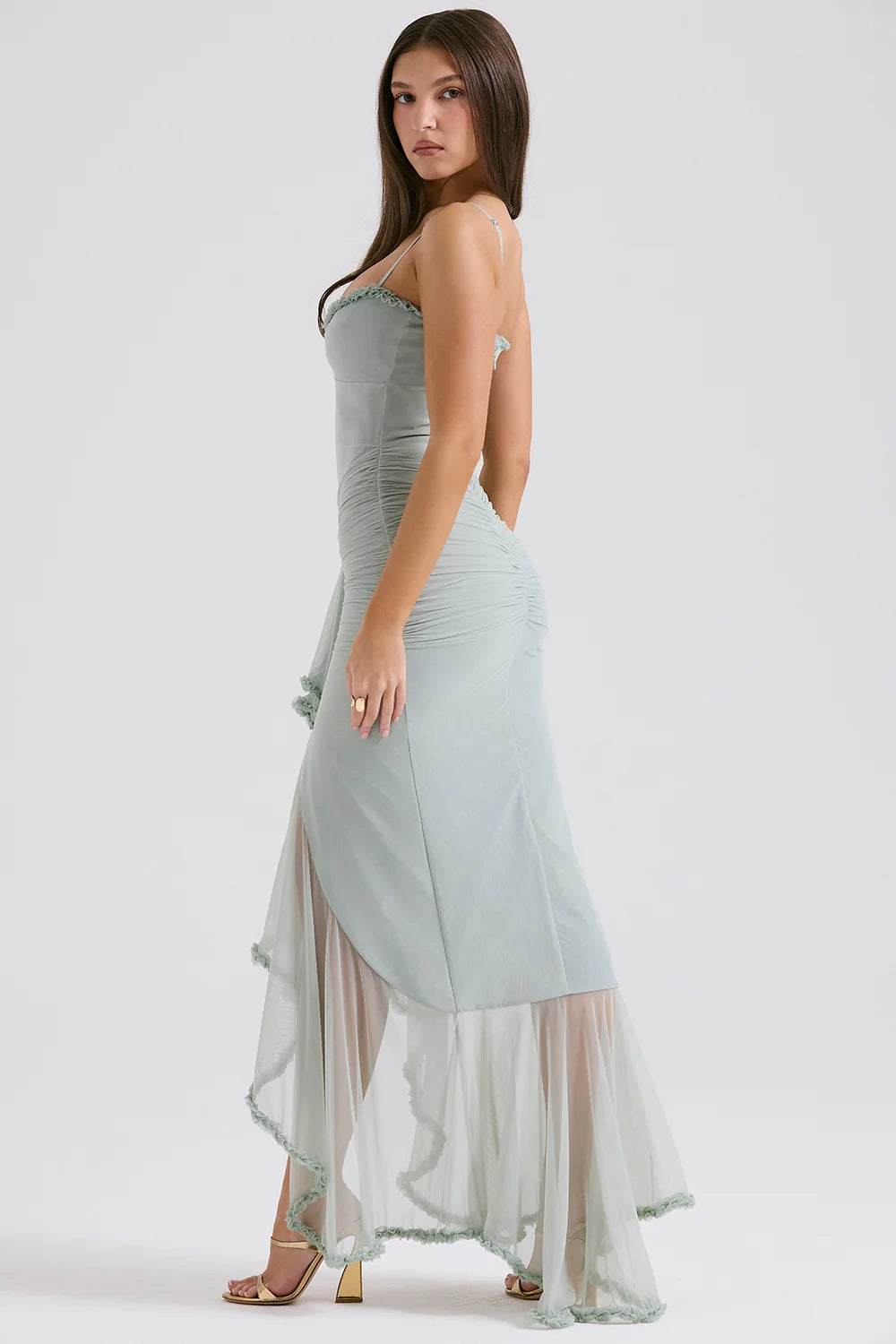 pistachio ruffled front gown