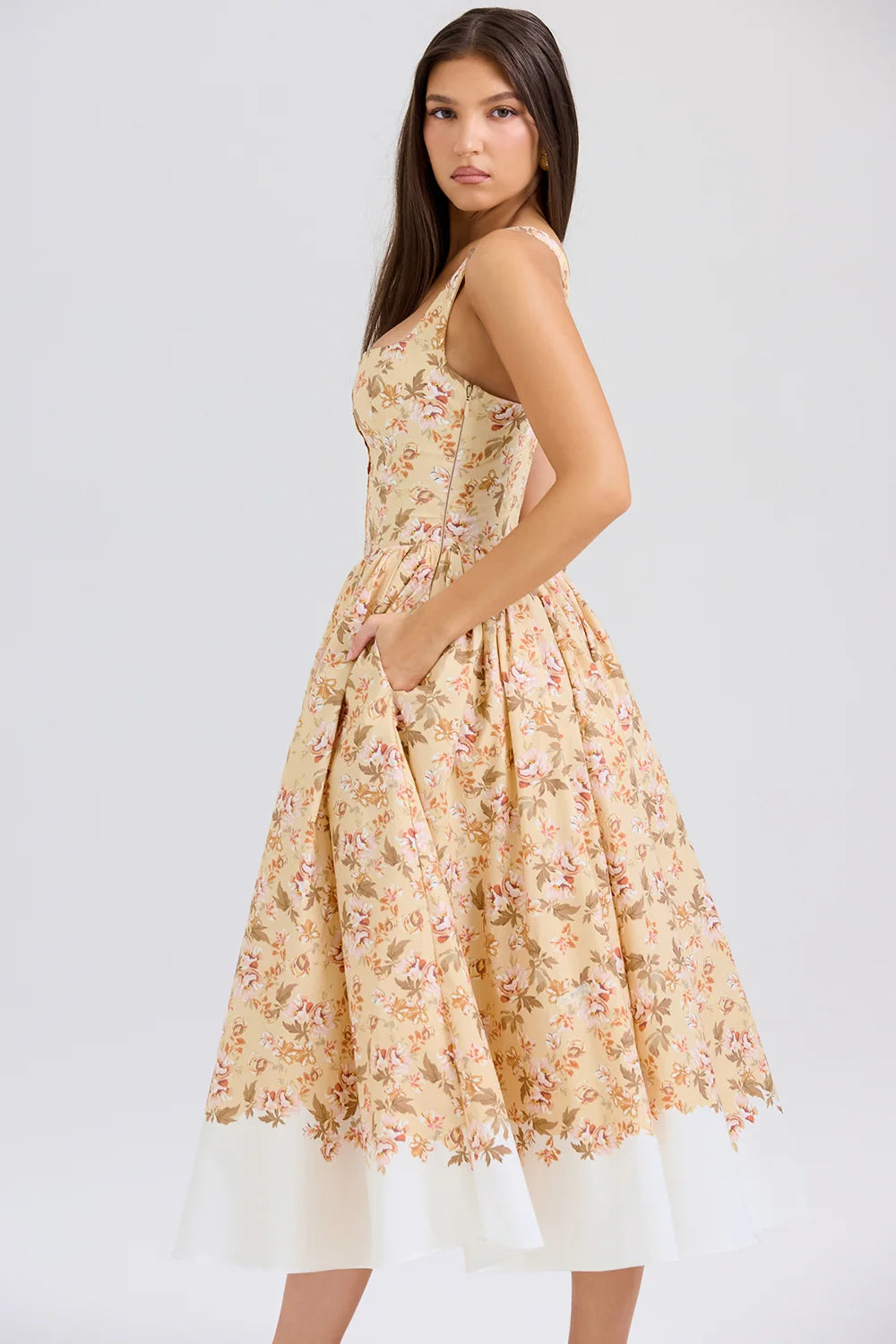 honeyflower print gathered cotton midi dress