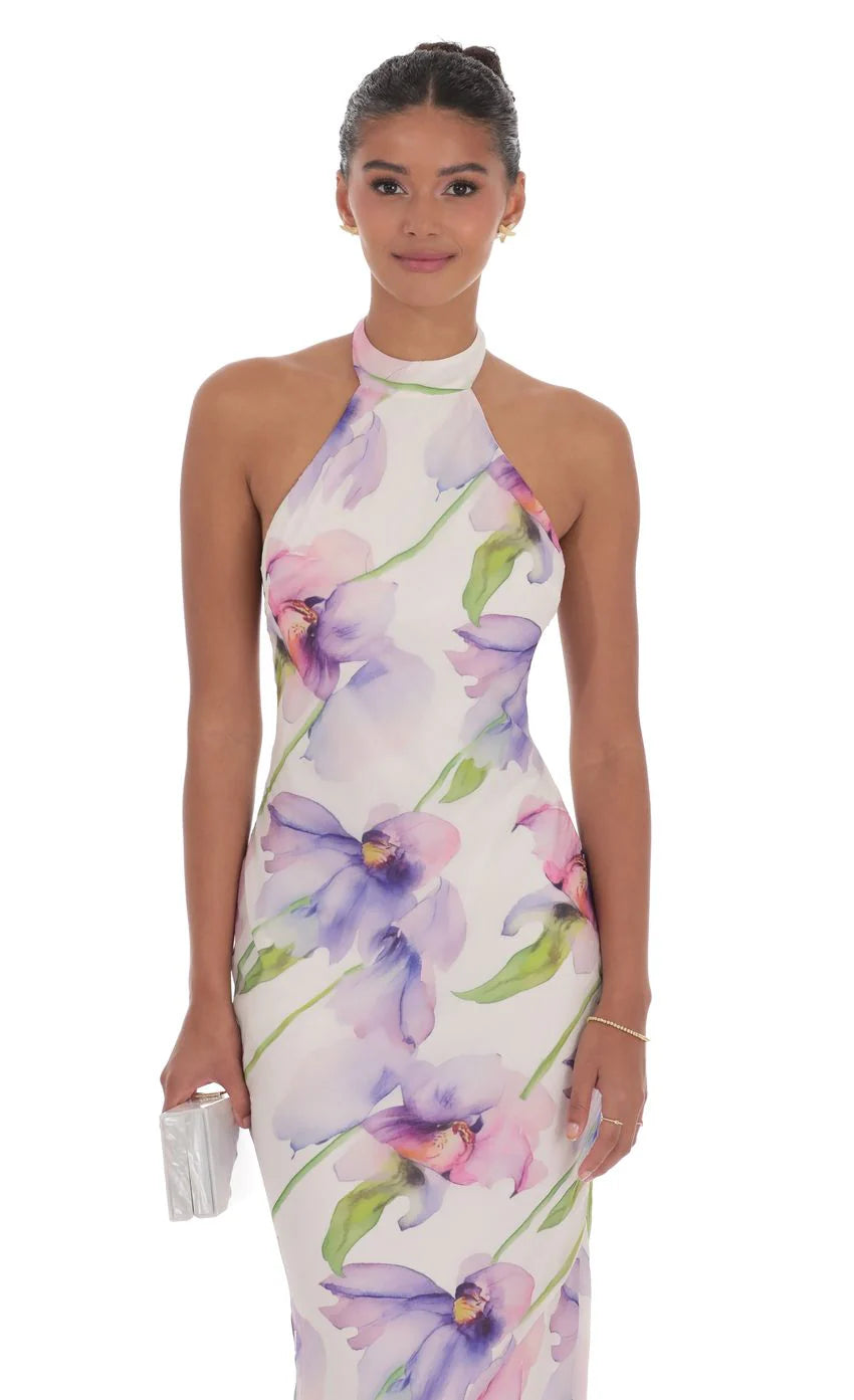 Floral Mock Neck Maxi Dress in White