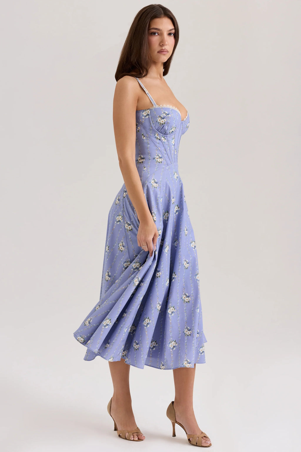 blue daisy print stretch cotton midi sundress