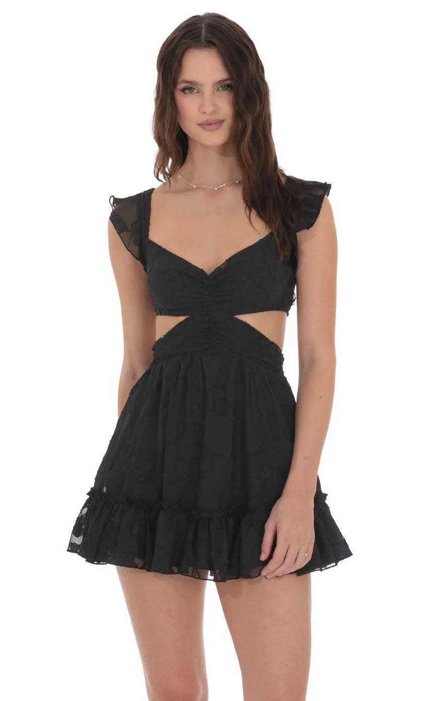 Ruffle Floral Cutout Dress in Black