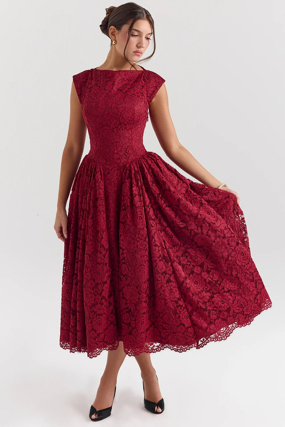berry lace backless midi dress - sale