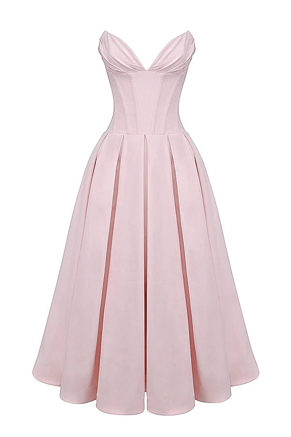 ballerina pink strapless midi dress
