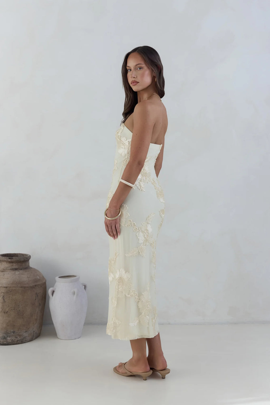 Golden Voyage Strapless Midi Dress Yellow