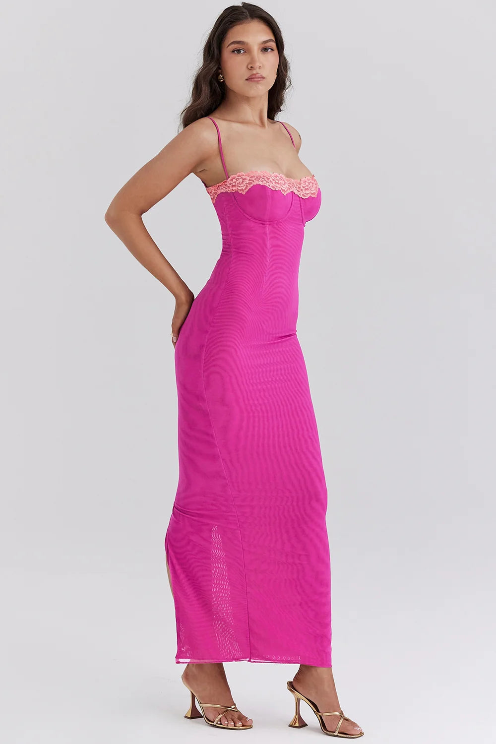raspberry lace trimmed maxi dress