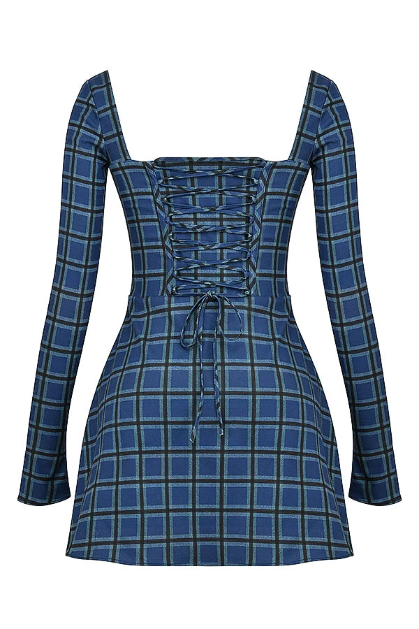 blue tartan corset mini dress