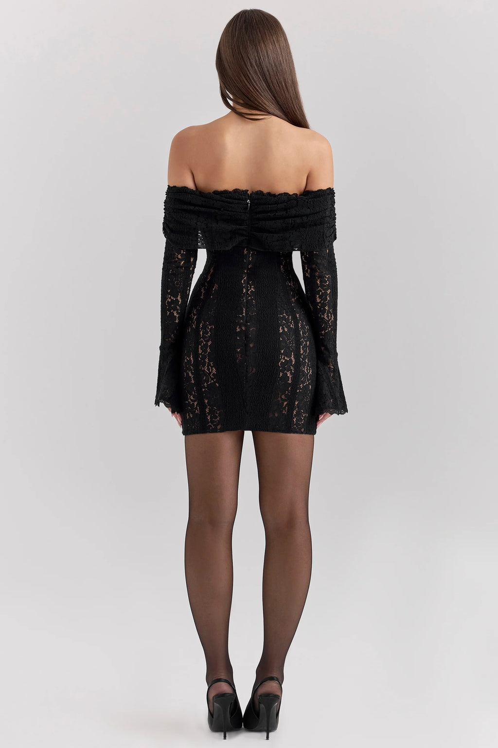 black floral lace off shoulder mini dress