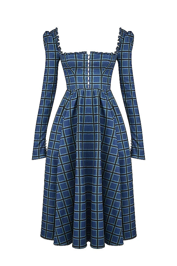 blue tartan midi dress