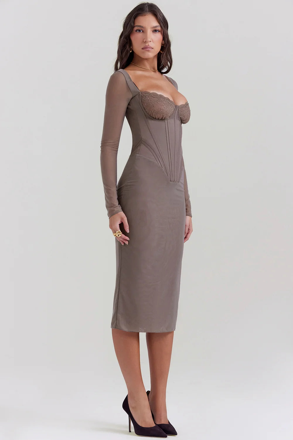 mocha corset midi dress