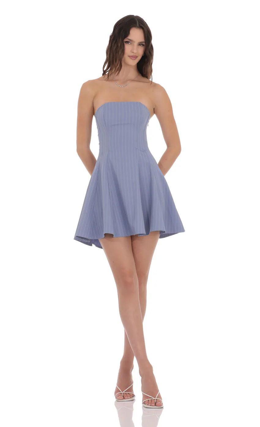 Pinstripe Corset Strapless Dress in Denim Blue