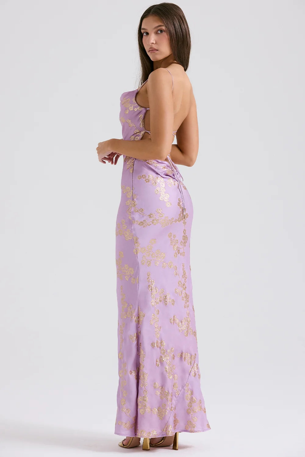 orchid jacquard satin gown