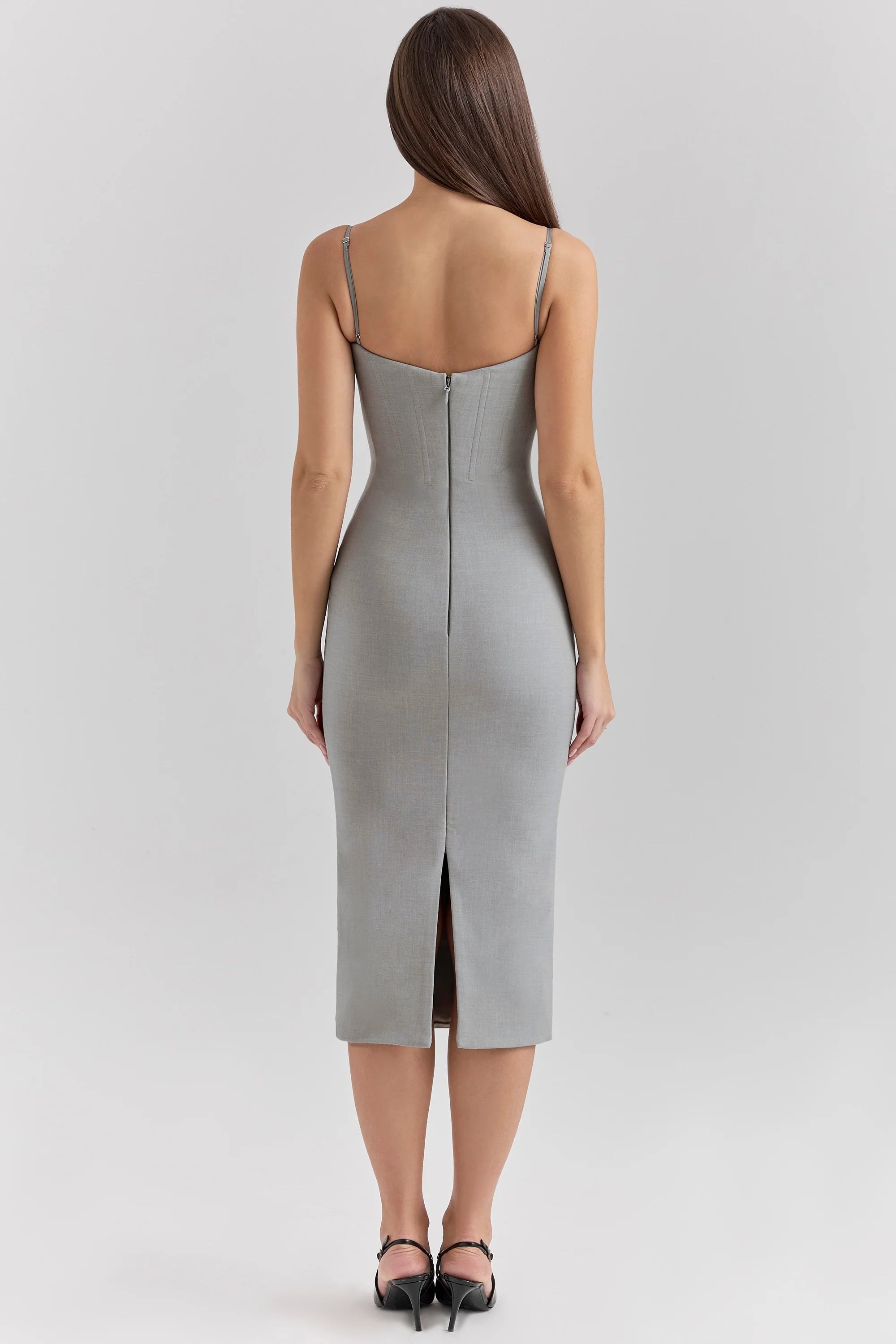 light grey mesh panelled bodycon midi dress