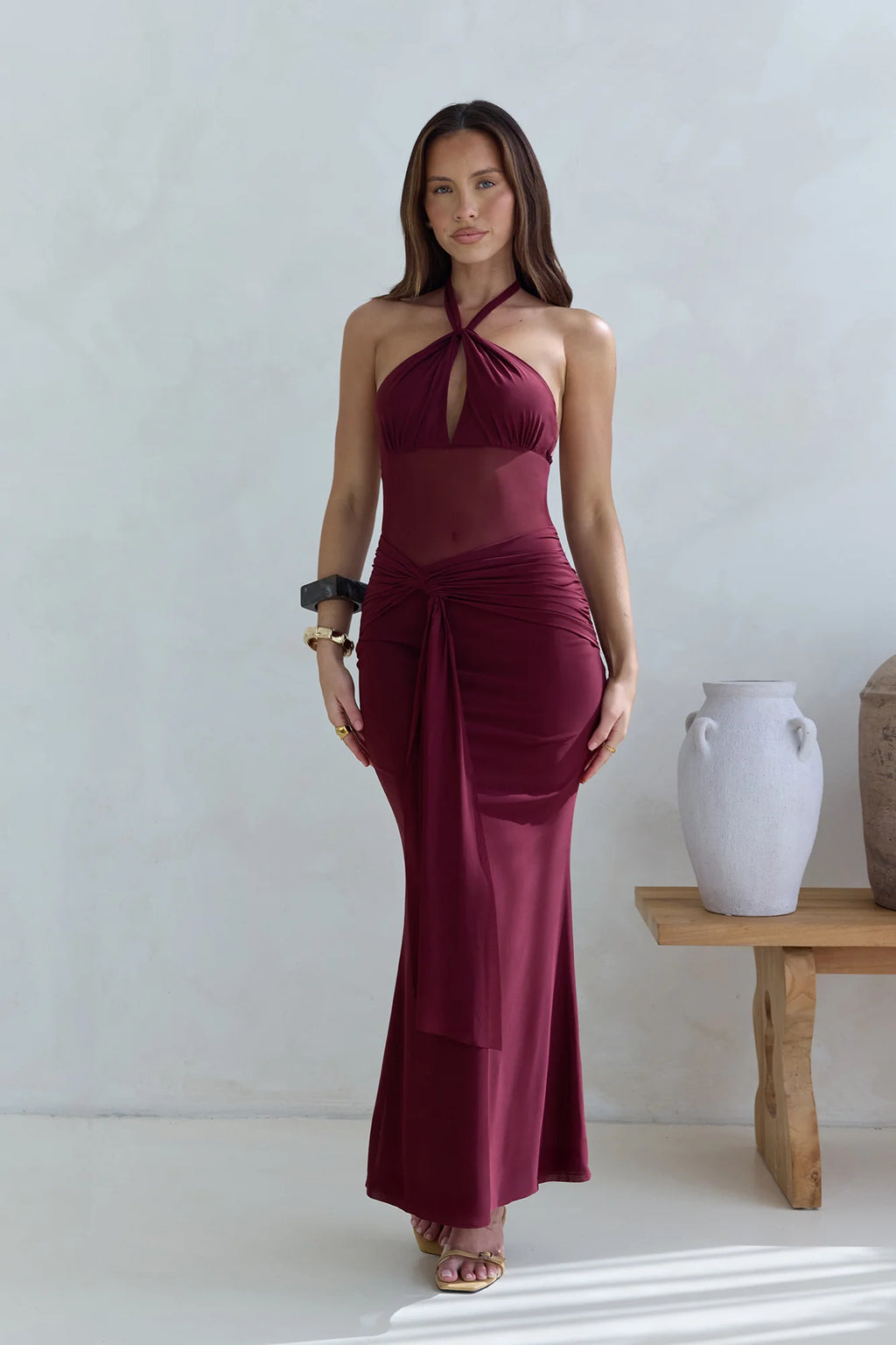 Taste Of Luxe Halter Mesh Maxi Dress Burgundy