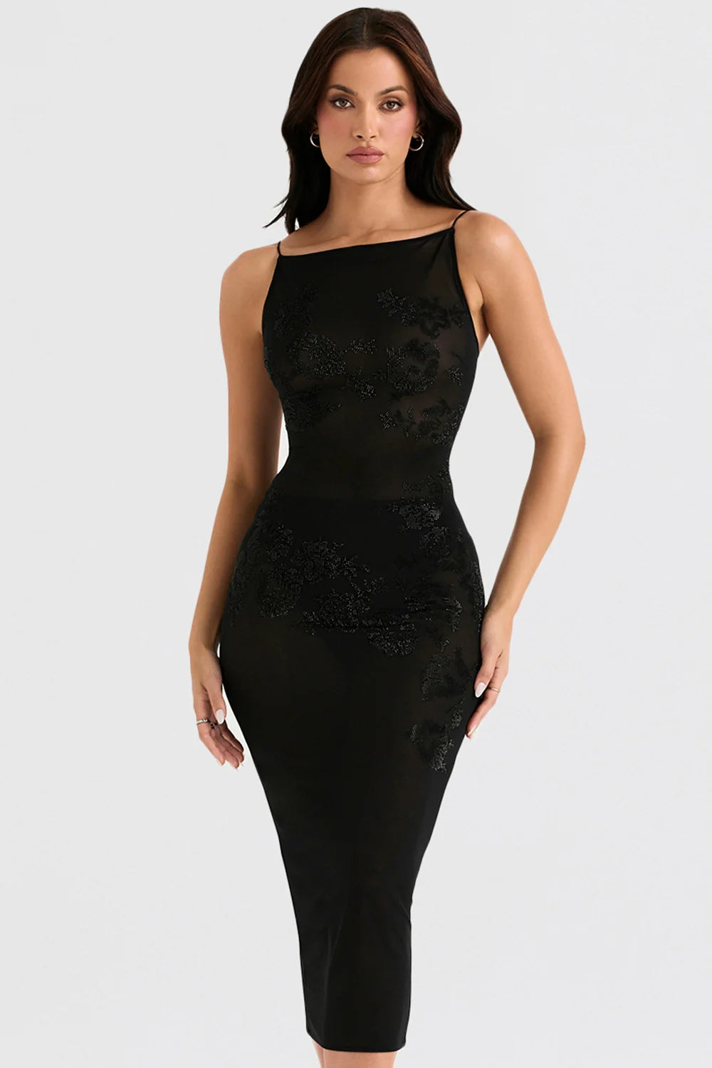 black mesh crystal embellished midi dress