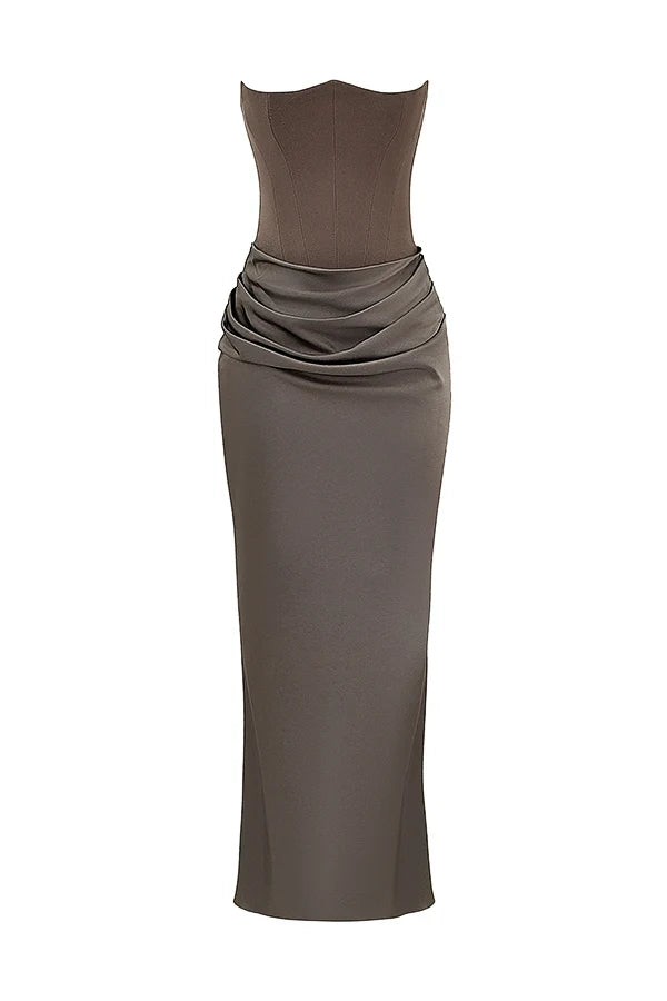 smoke strapless corset maxi dress