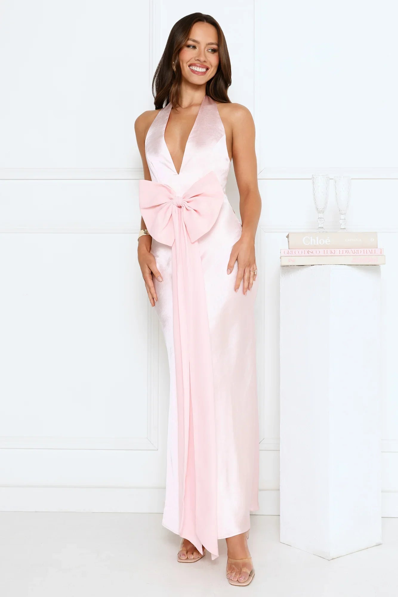 Beauty Hours Halter Satin Maxi Dress Pink