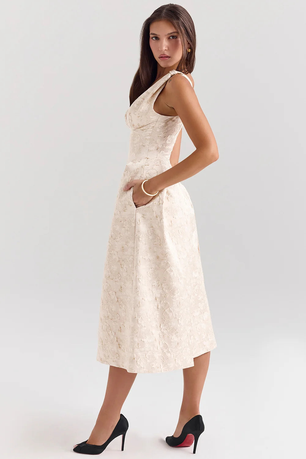 ivory metallic jacquard midi dress - sale