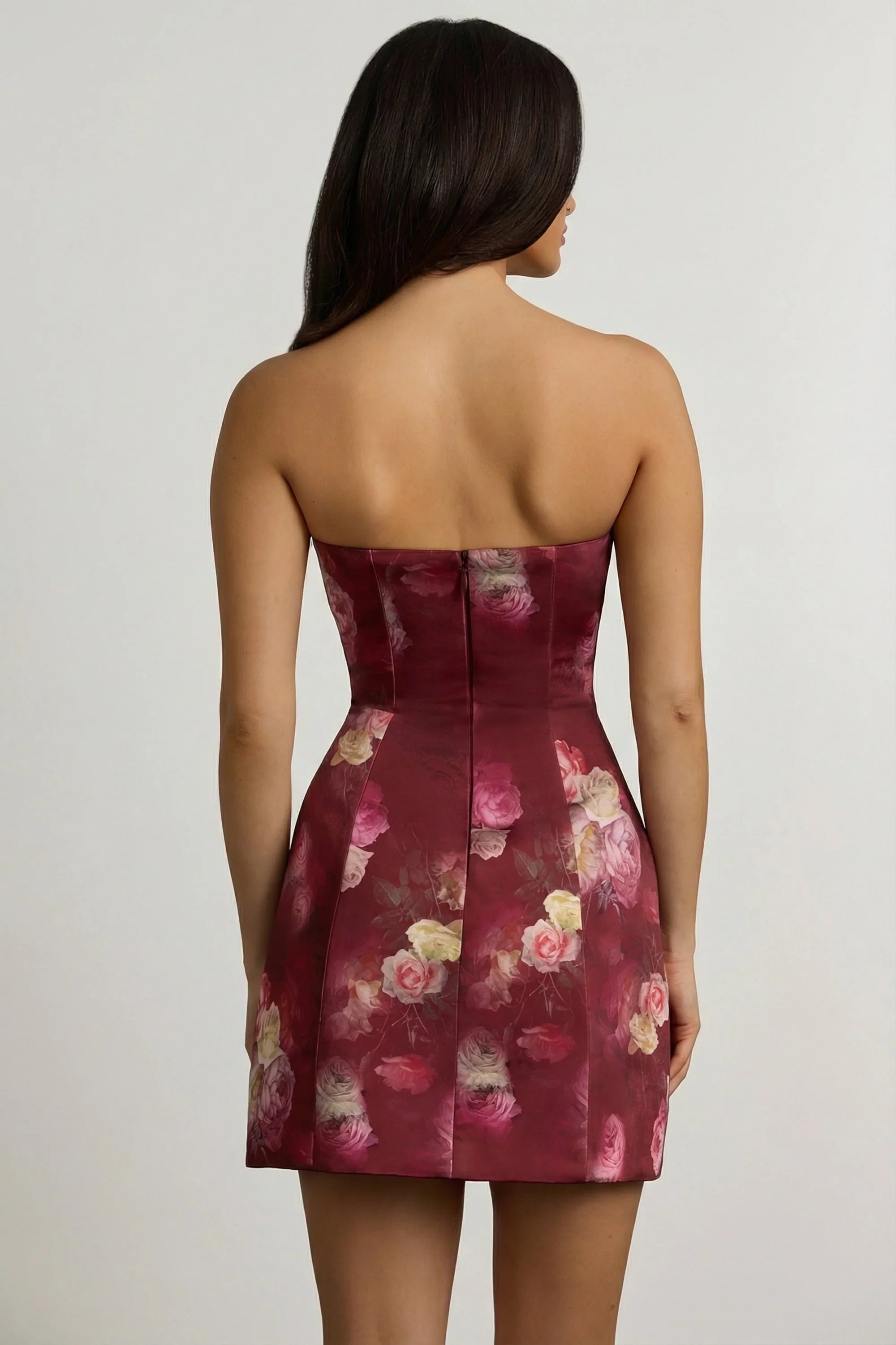 Strapless Structured Tulip Mini Dress in Maroon Floral Print