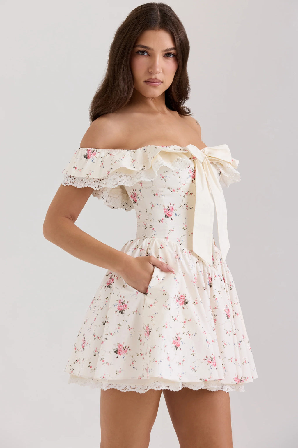 stretch cotton floral print off shoulder corset mini dress