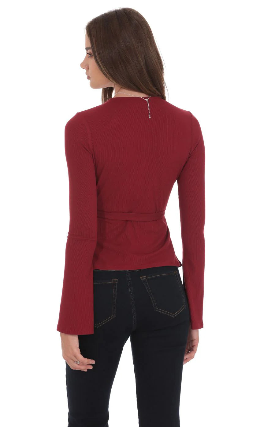Embellished Wrap Top in Maroon