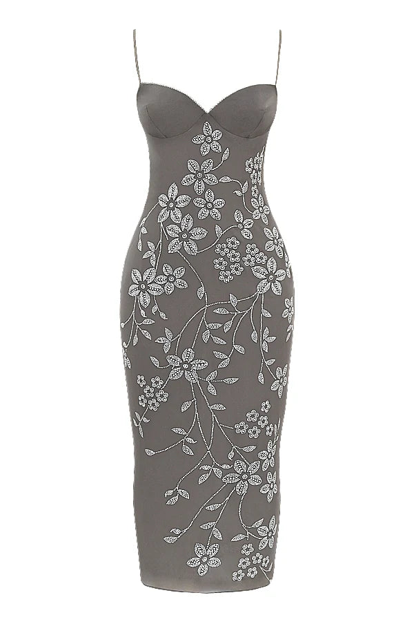smoke crystal embellished midi dress