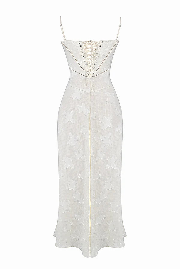 vintage cream floral lace back maxi dress
