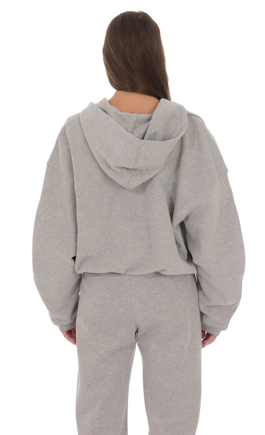 Cropped Fleece Zip-Up Hoodie in Grey