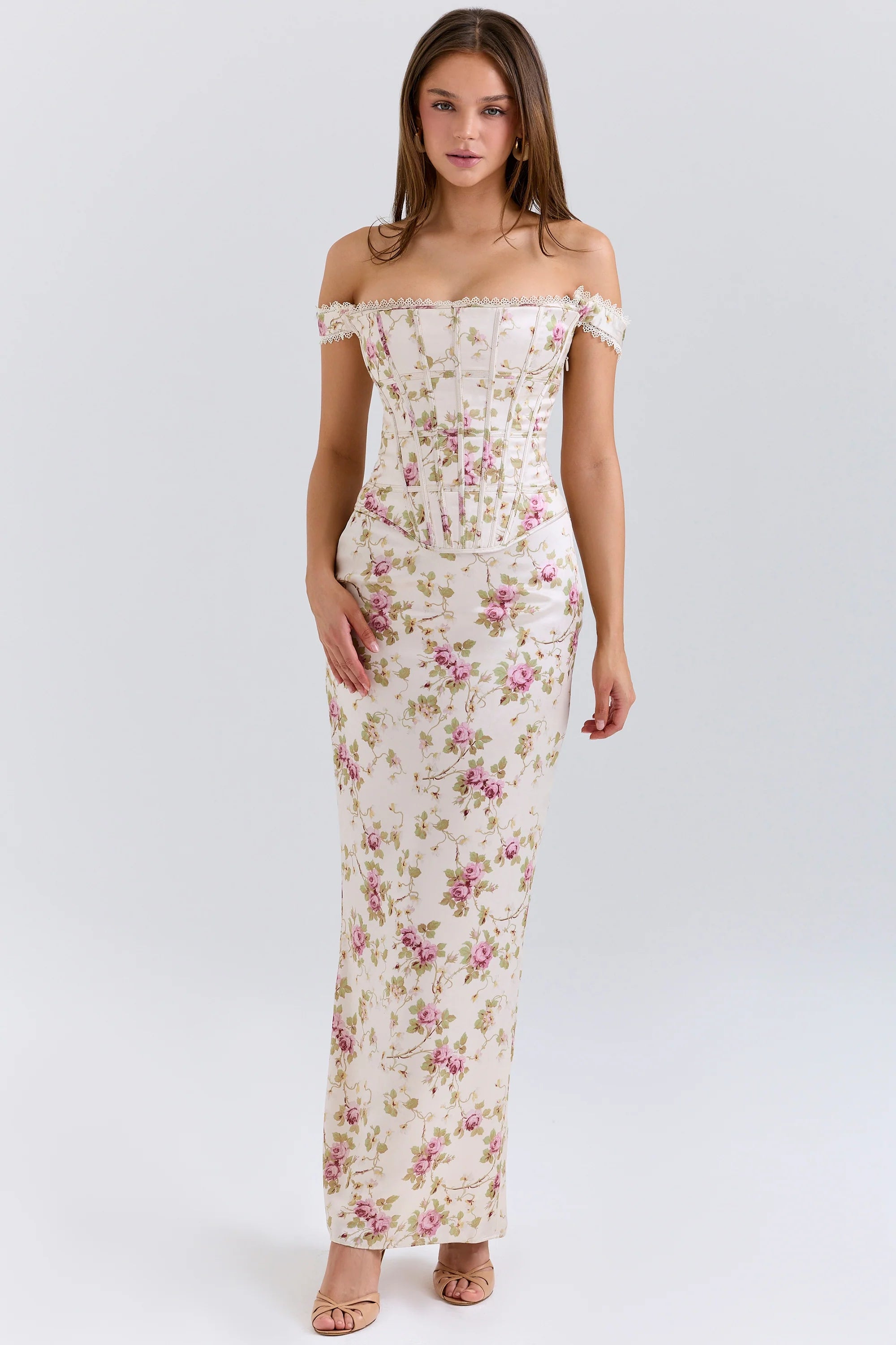 vintage cream floral print corset maxi dress