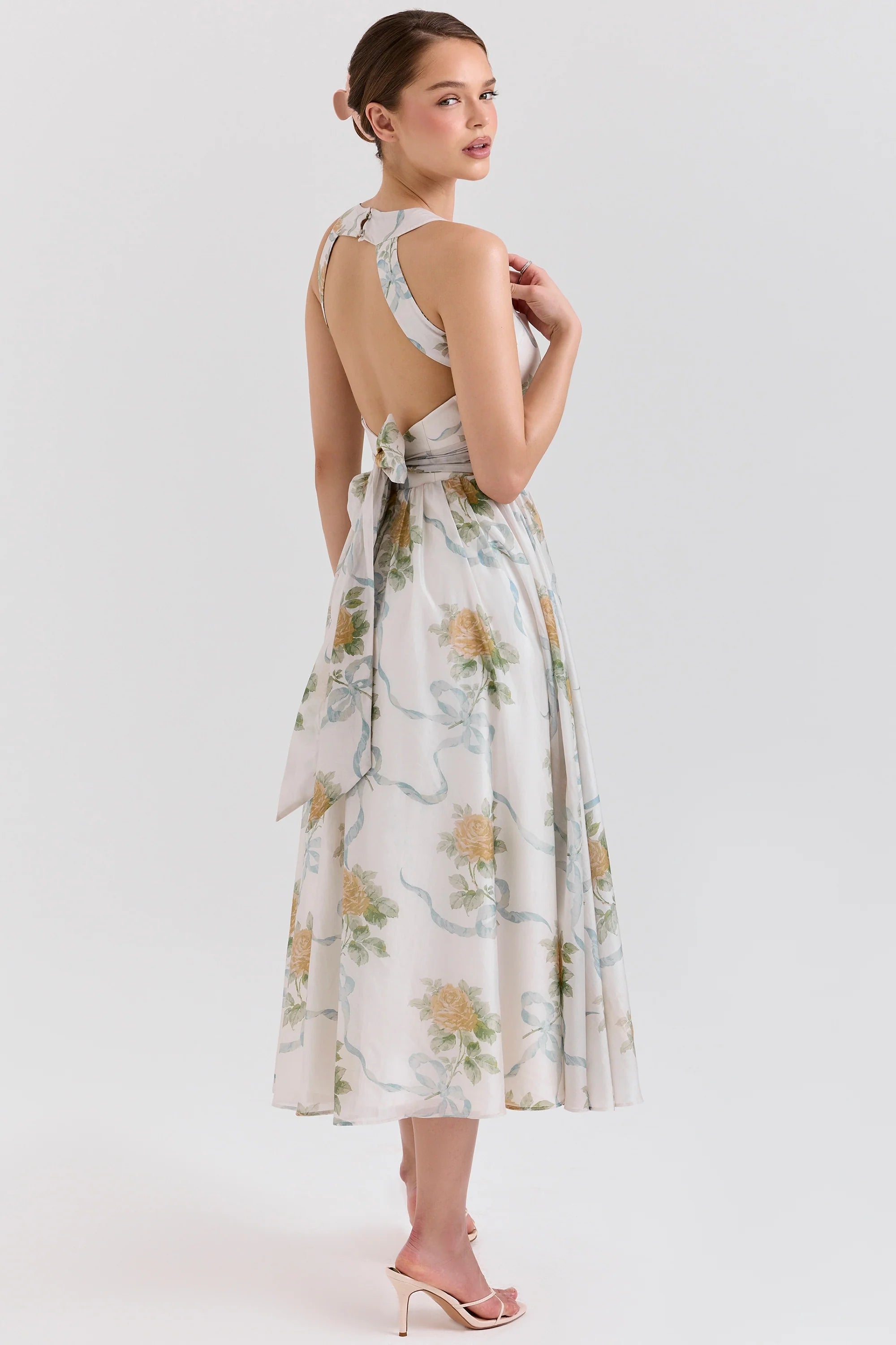 soft blue vintage ribbon print chiffon midi dress