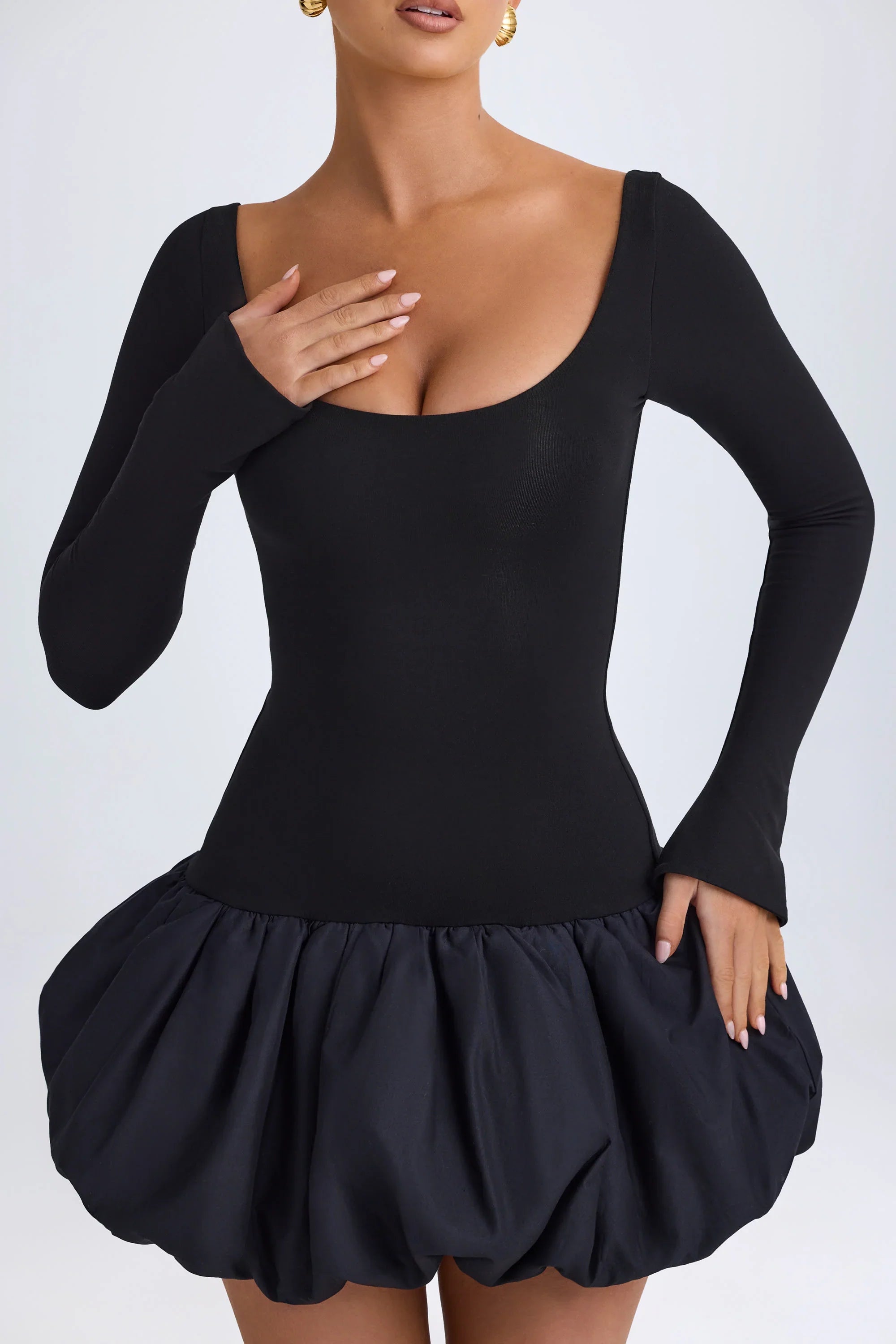 Modal Scoop-Neck Drop-Waist Bubble Hem Mini Dress in Black